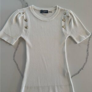 Karl Lagerfeld Cream Ribbed Top with Gold Button Accents